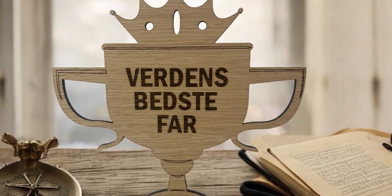 Pokal til fars dag gave. Pokal lavet i træ med teksten verdens bedste far.