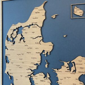 Danmarkskort i blå og byer
