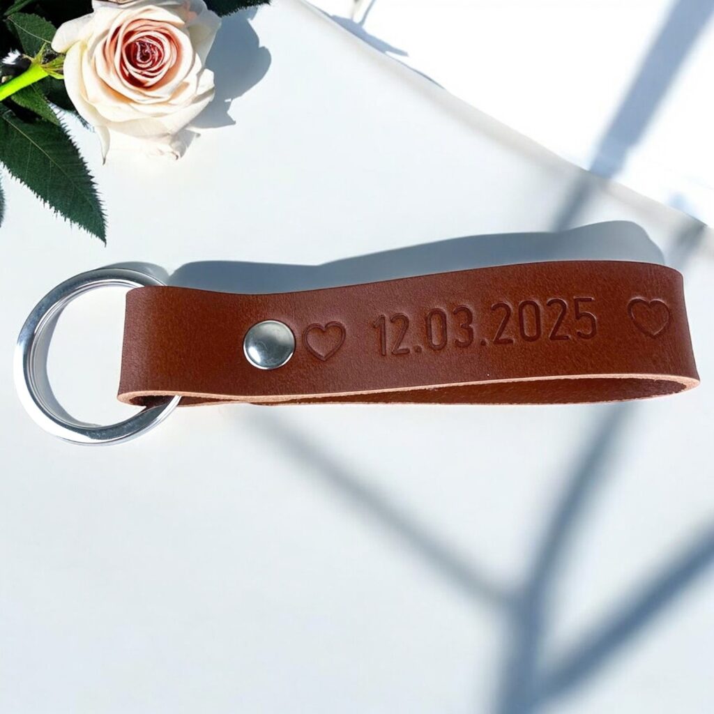 Cognac nøglering med personligt tryk. En dato mellem to hjerter. Sølv ring og nitte.