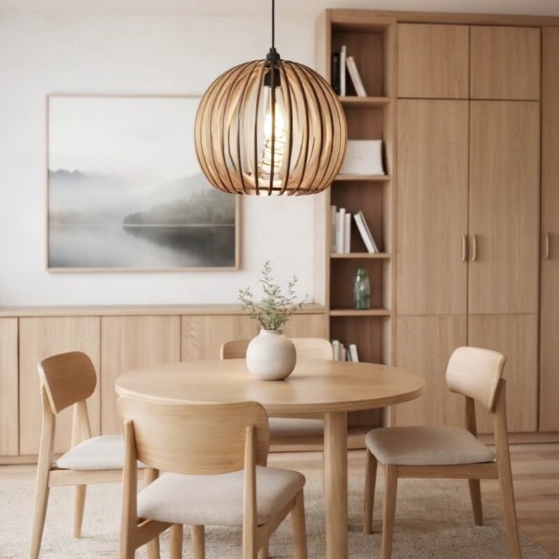 Glow lampe over spisebord med fire stole. Lampen har en rund kugleform som bliver dannet af lameller i træ